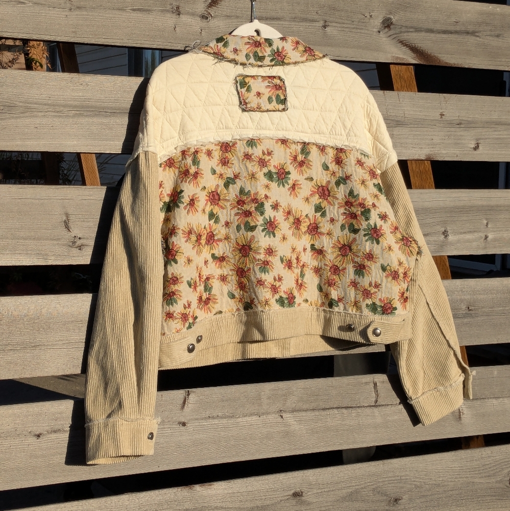 POL Anthropology Mixed Media Raw Edge Floral TapestrCorduroy Women's Jean Jacket - Picture 3 of 8